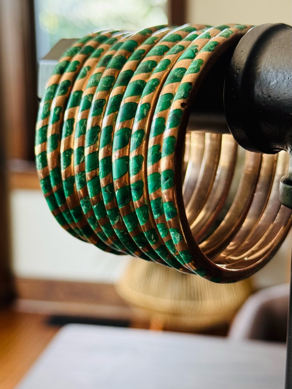 Vintage Malachite inlaid and Brass Set of 10 Bangles